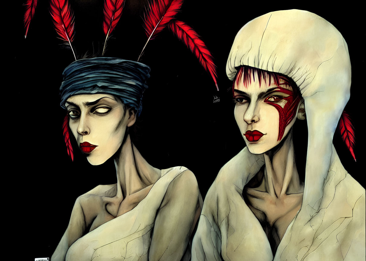 Stylized female figures with dramatic makeup and headwear on black background