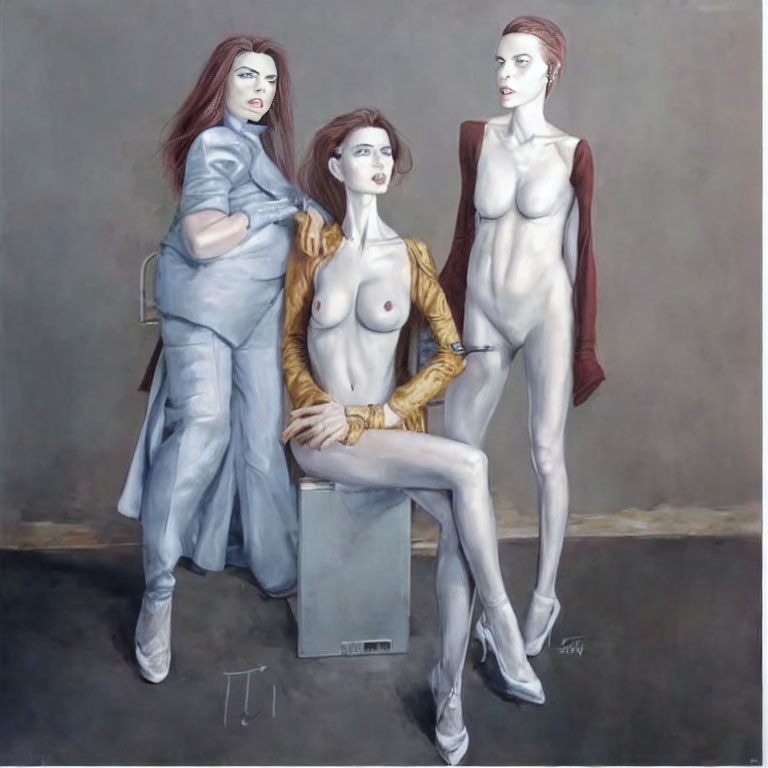 Four Women Portrayed in Various Attires and Postures on Gray Background