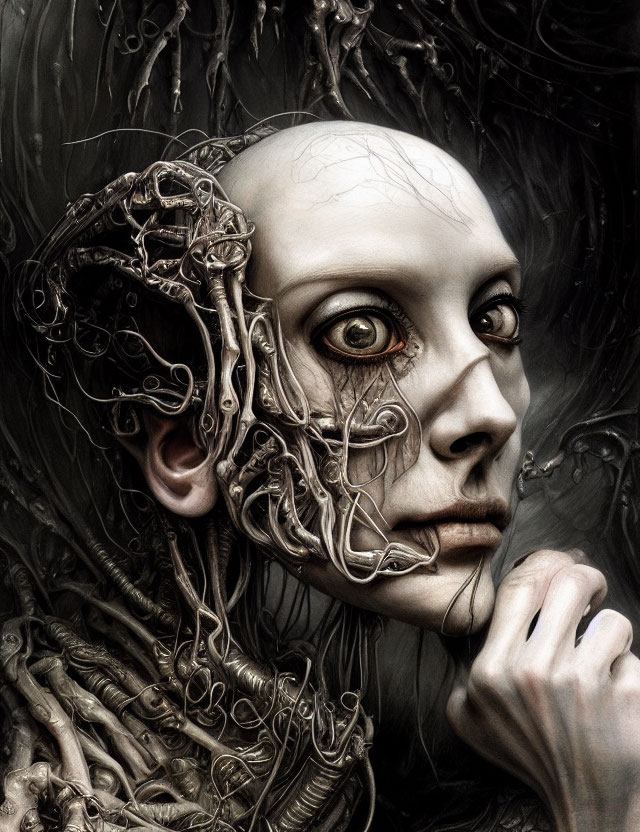 Surreal portrait of humanoid face with unique features