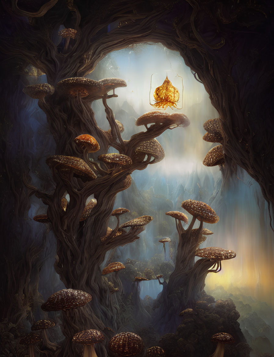 Ethereal forest scene with glowing mushrooms and shimmering cocoon.