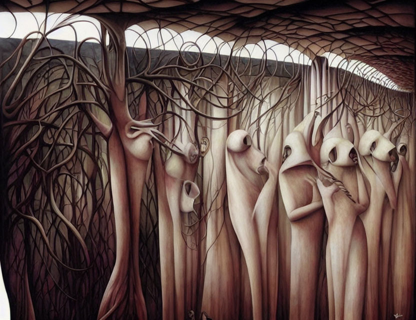 Surreal artwork of elongated figures and tree-like elements