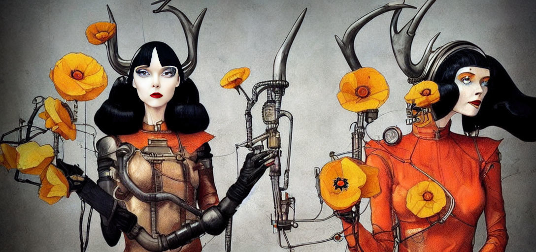 Stylized female figures with horns and mechanical limbs in vibrant orange flowers on gray background