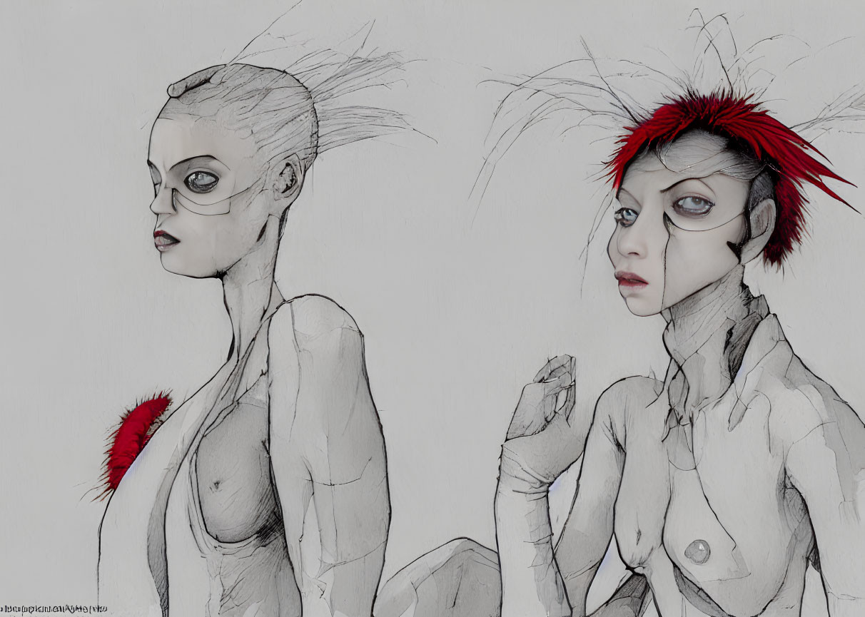 Surreal female figures with red accents and intense expressions