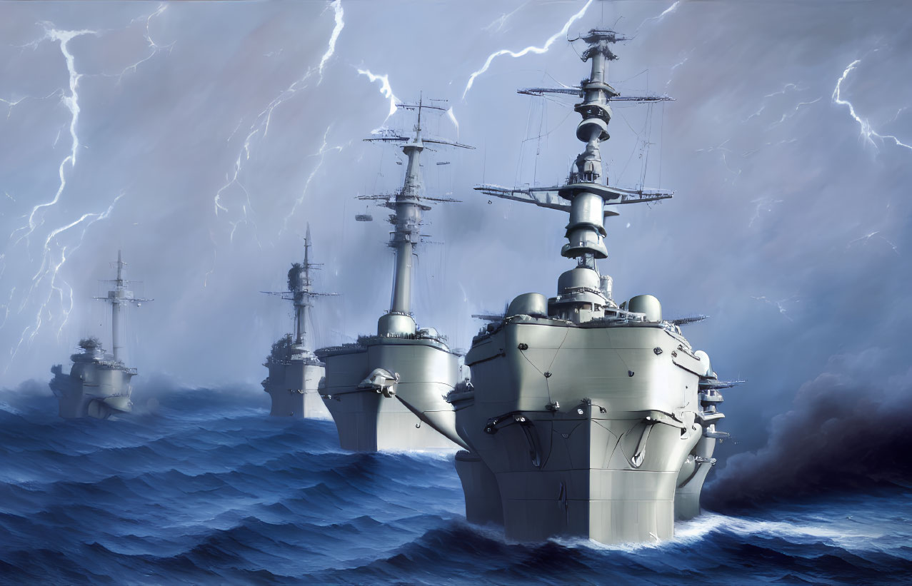 Stormy sky over battleships in turbulent ocean waters