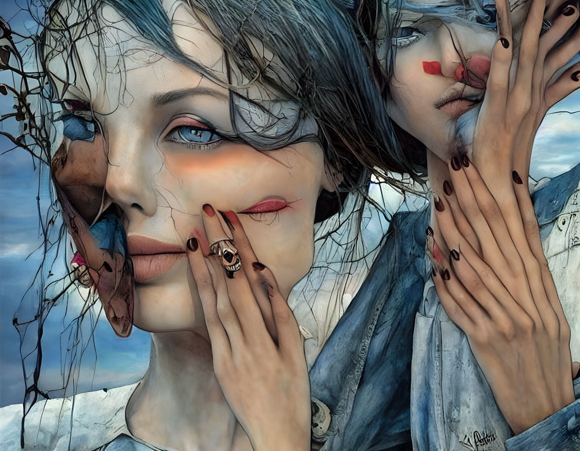 Digital artwork: Two women with striking makeup in surreal blue backdrop