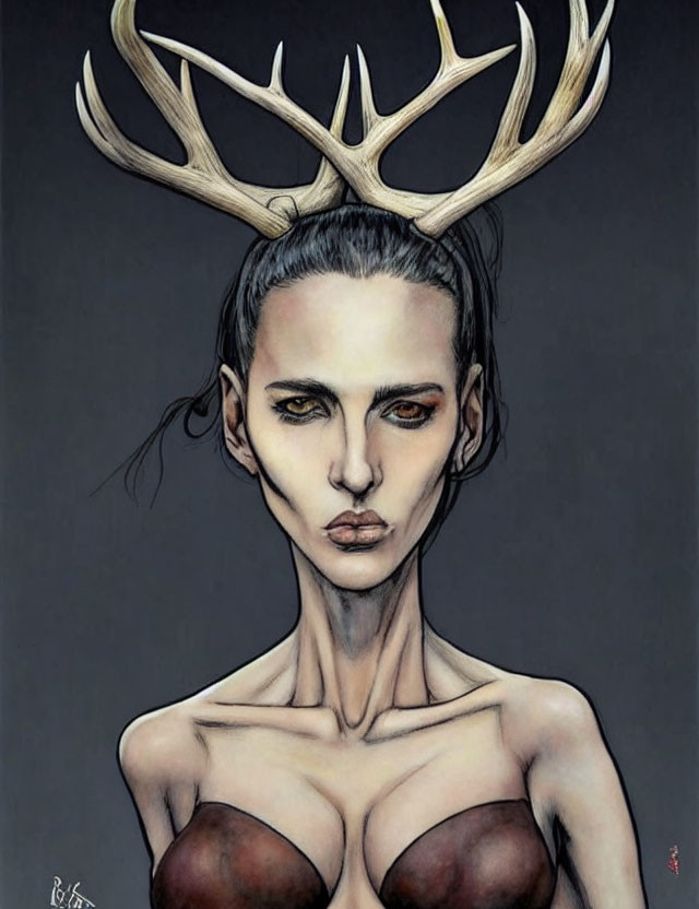 Surreal portrait of person with antlers and intense eyes