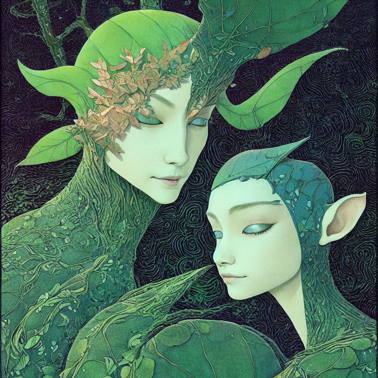 Green-skinned elf-like characters in serene poses amidst intricate foliage patterns