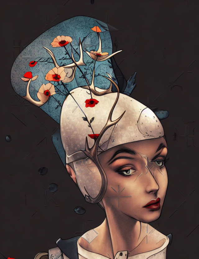 Stylized woman with antlers, flowers, and butterflies in surreal art.