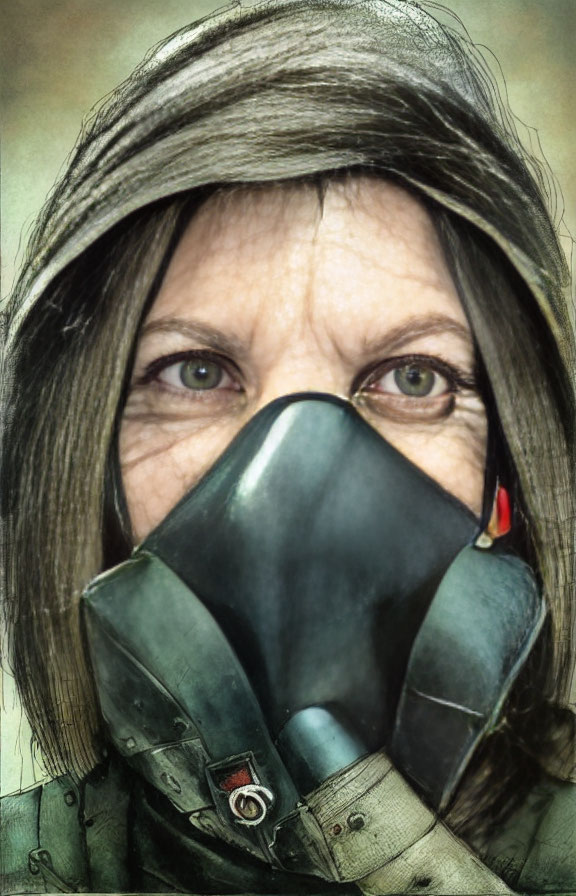 Intense-eyed woman in gas mask with German flag and brown hair