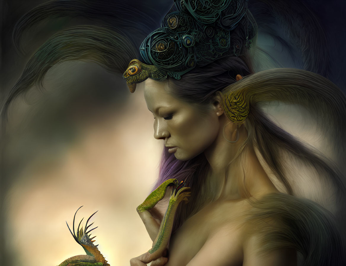 Fantasy illustration of woman with ornate headgear and green serpent in hands