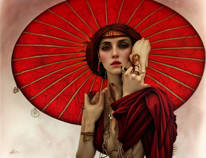 Dark-haired woman in red attire holding ornate red fan