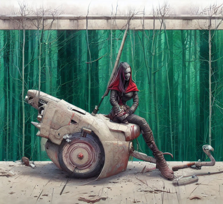 Masked figure in red cloak on futuristic motorcycle in bamboo setting