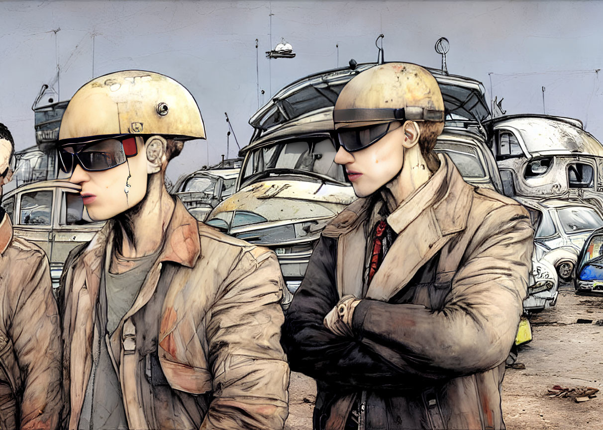 Stylized characters in helmets and goggles in post-apocalyptic junkyard