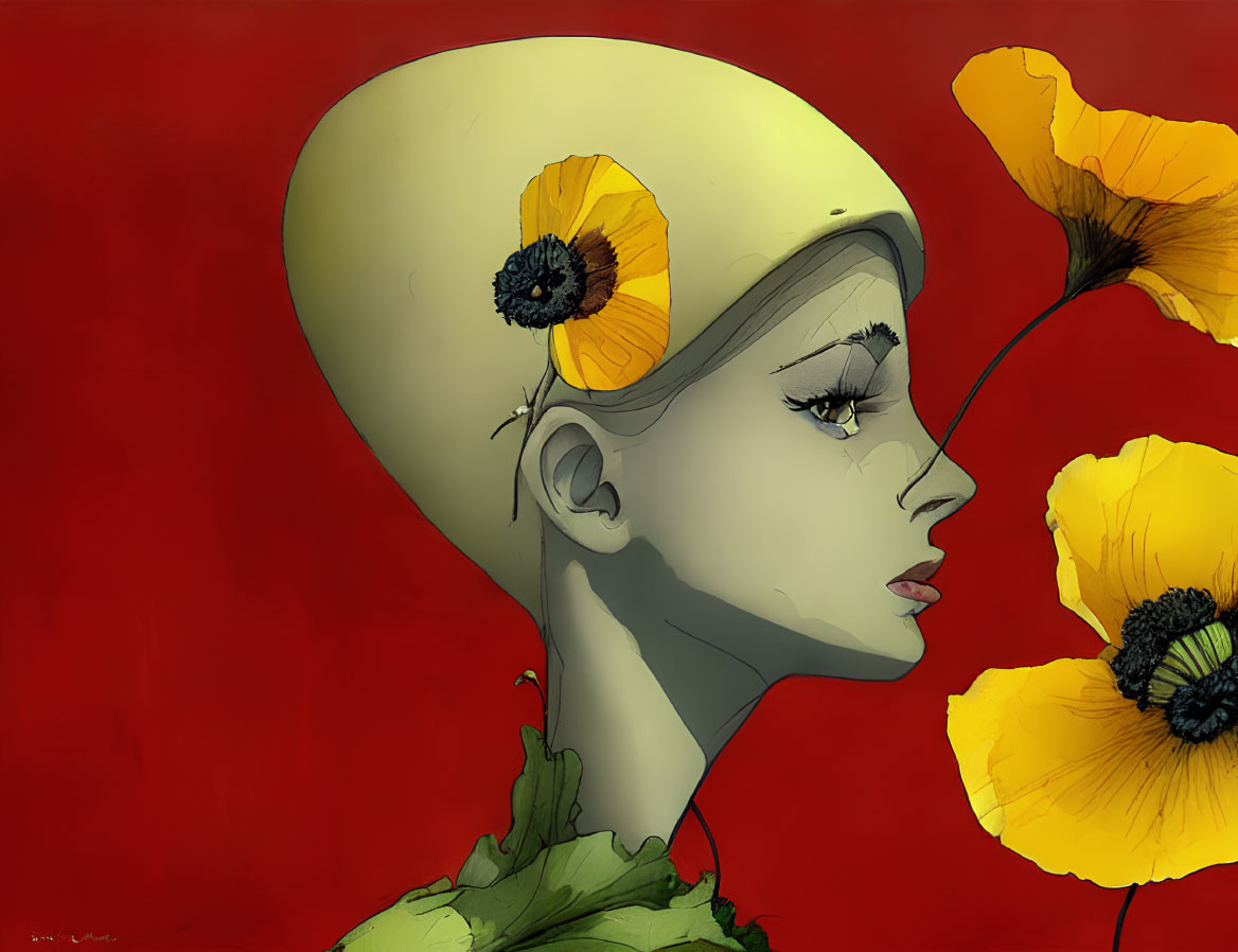 Surreal woman profile with yellow poppy flowers on red background