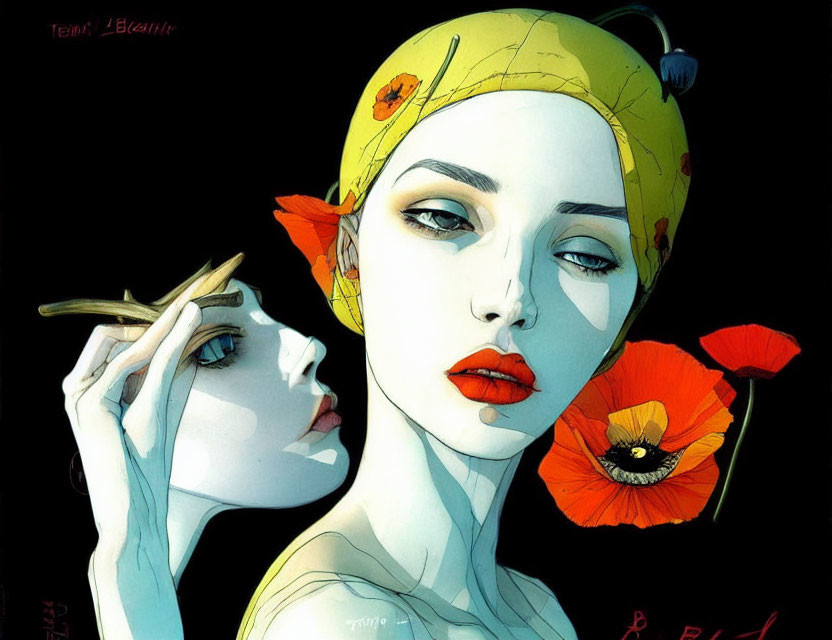 Woman with yellow headscarf and poppy design holding mirror gazes sideways