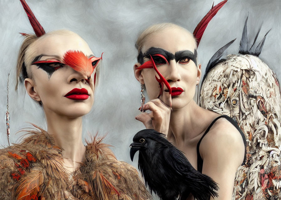 Avant-garde makeup and red accents on individuals with crow and feather outfits against a smoky background