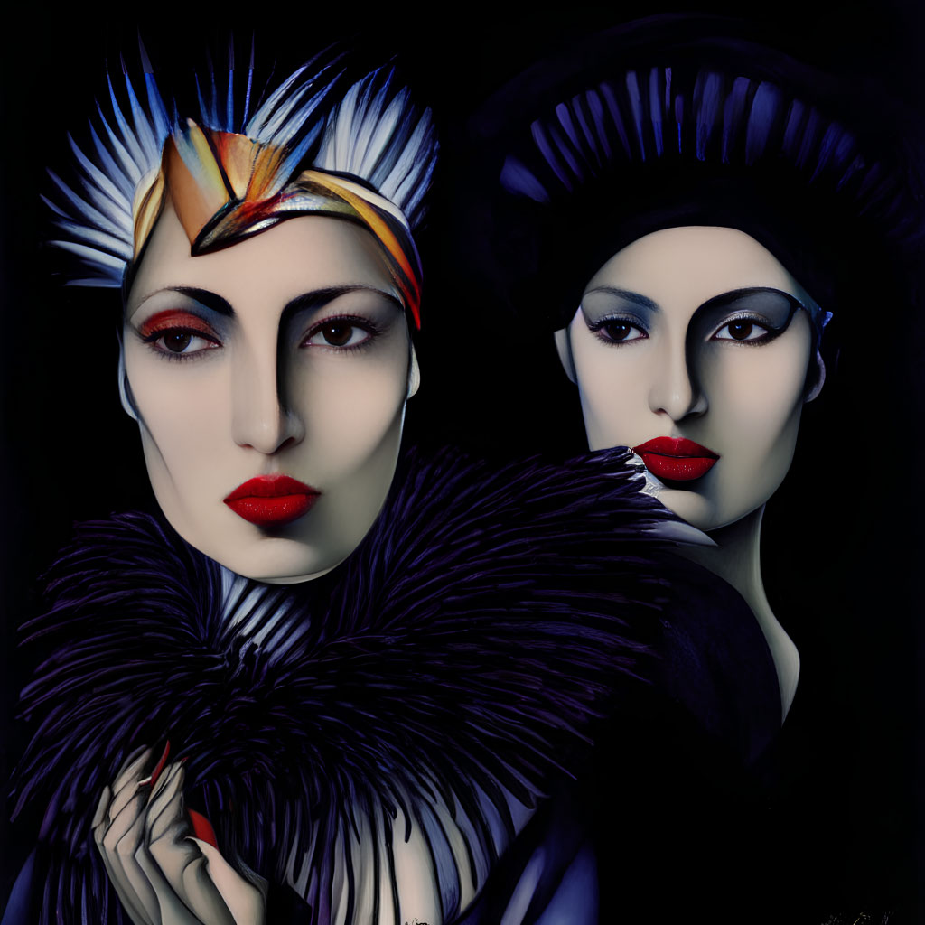 Women with dramatic makeup and bold headdresses in warm and cool tones, posing with a dark, feather