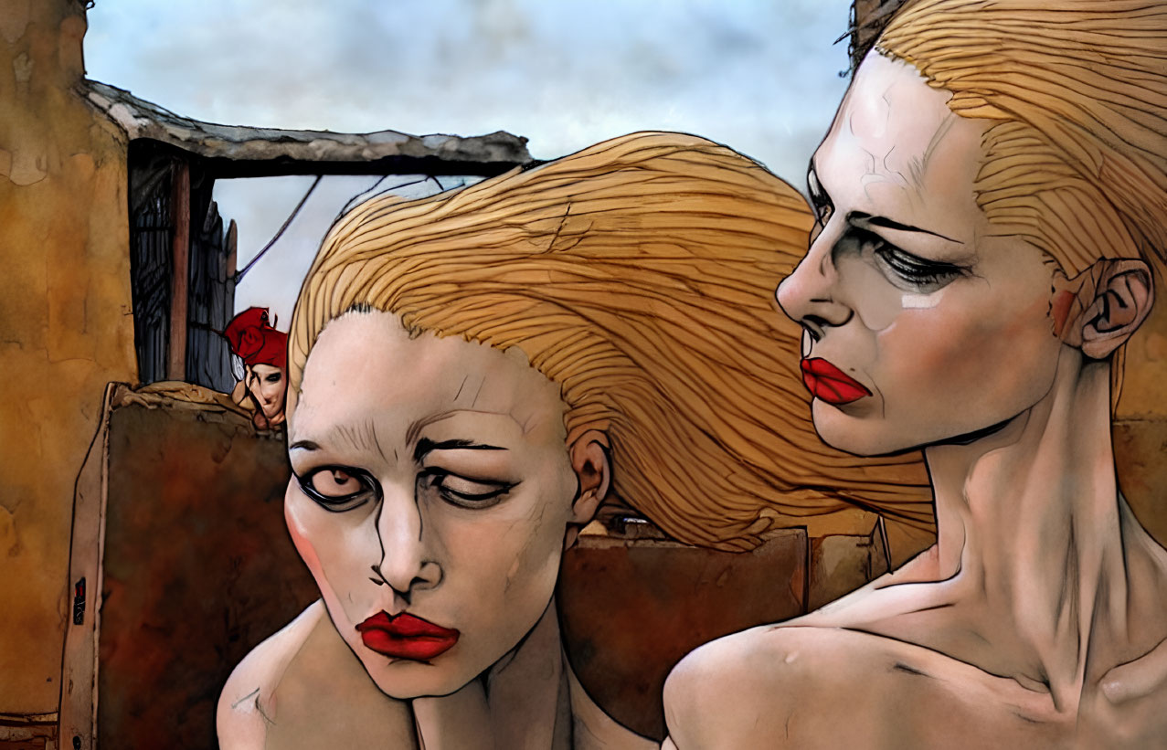 Stylized female figures with exaggerated features in desolate setting