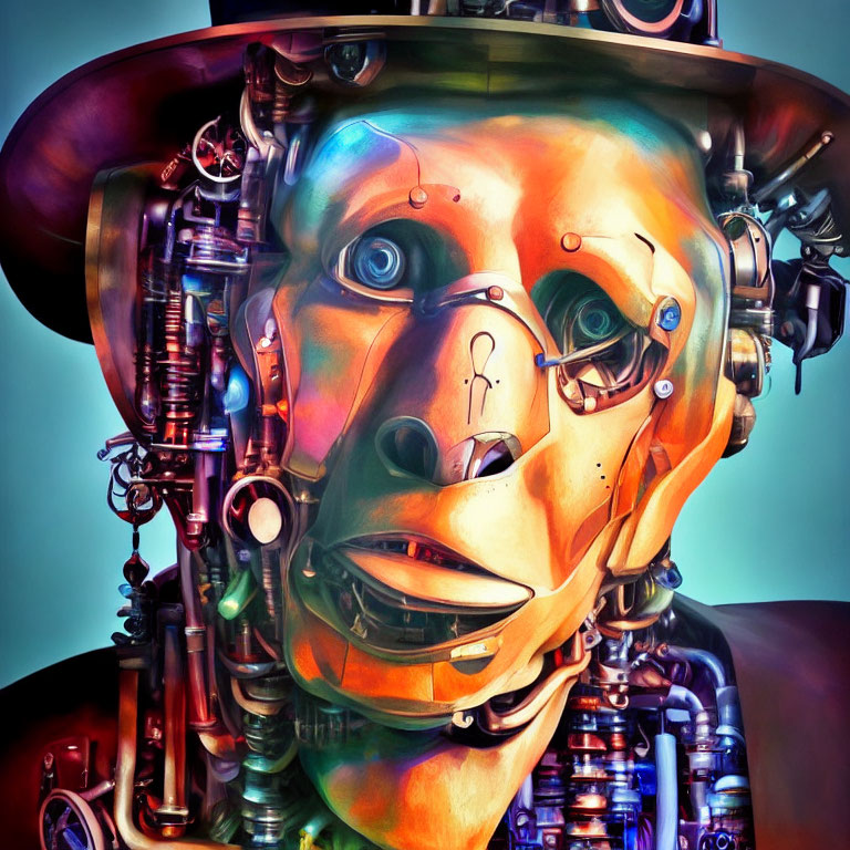 Detailed Steampunk-Style Mechanical Head with Colorful Gears and Pipes