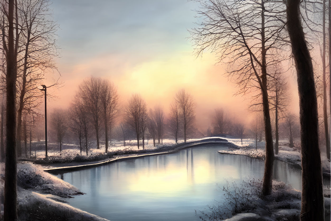 Tranquil winter river scene with bare trees and snow-covered banks