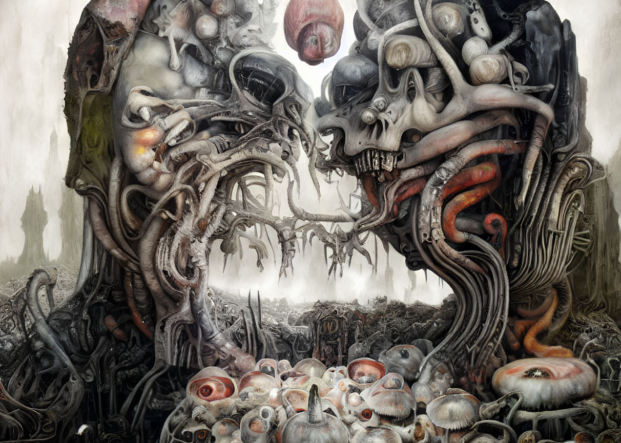 Surrealist artwork featuring monstrous entities and eerie eyes