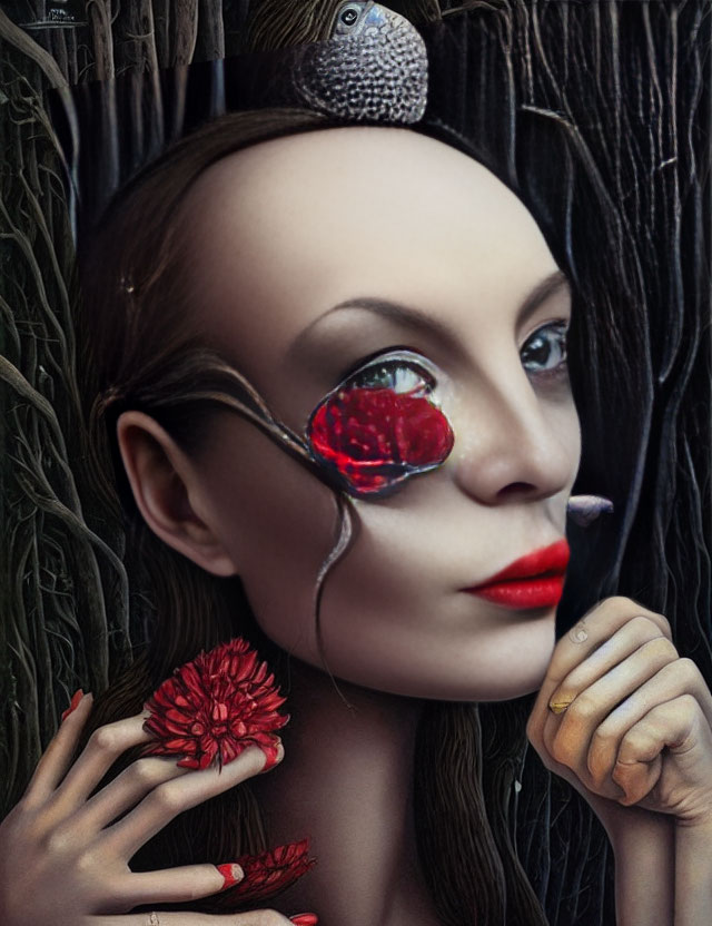 Surreal portrait of woman with red crystal, fish, and flower against dark background