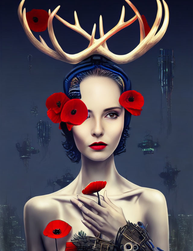 Surreal portrait of woman with antlers and poppies in hair, futuristic cityscape background