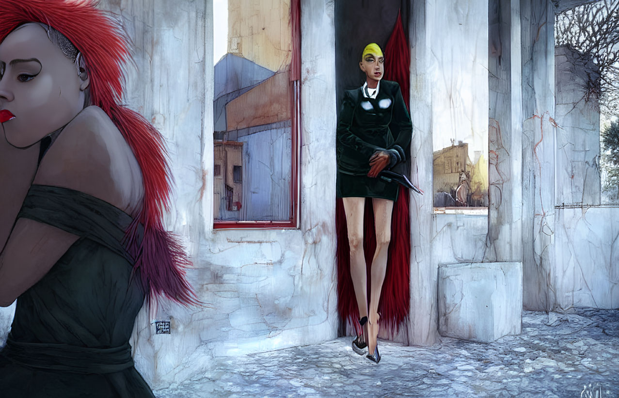 Digital illustration of two women in urban setting with red hair and gun in black outfit.