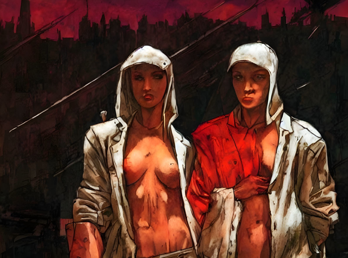 Stylized figures in white hoods against dark cityscape