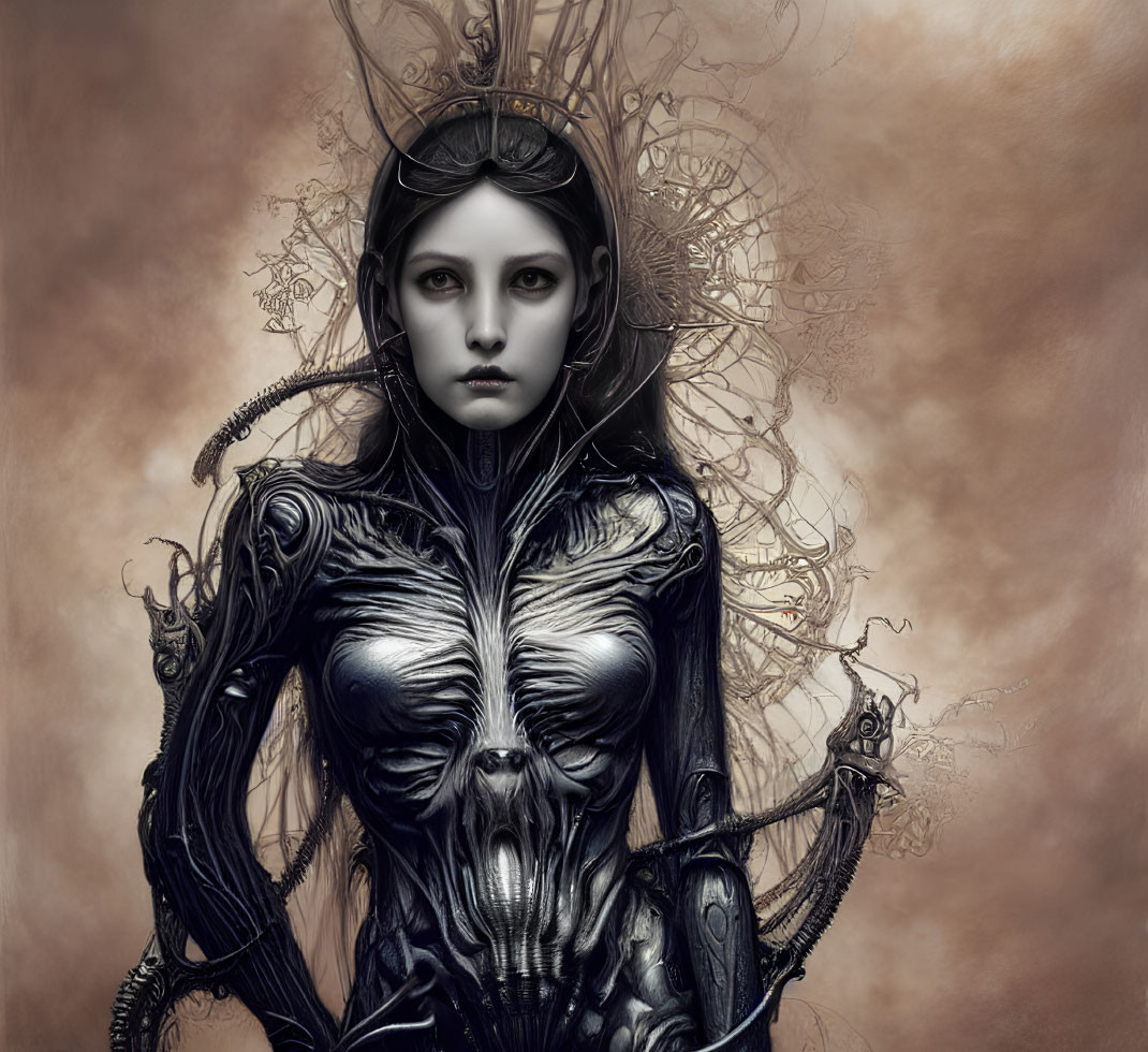 Dark fantasy art: Pale woman in crown and armor with skeletal and mechanical elements