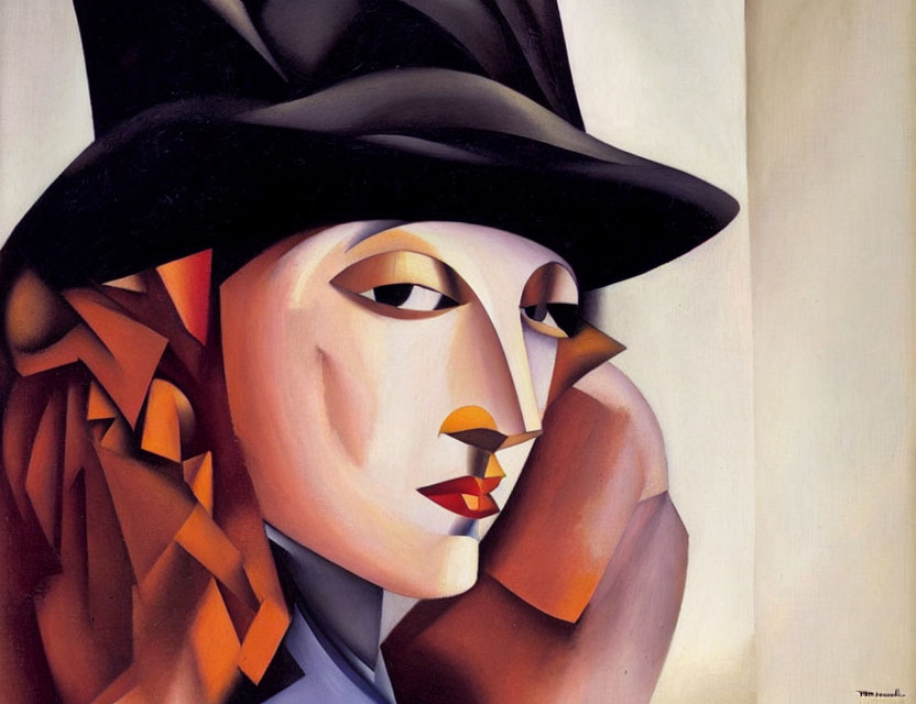 Colorful Cubist-Style Painting of Person with Geometric Shapes and Black Hat