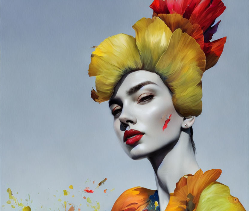 Colorful Petal-Like Hair and Striking Makeup Portrait