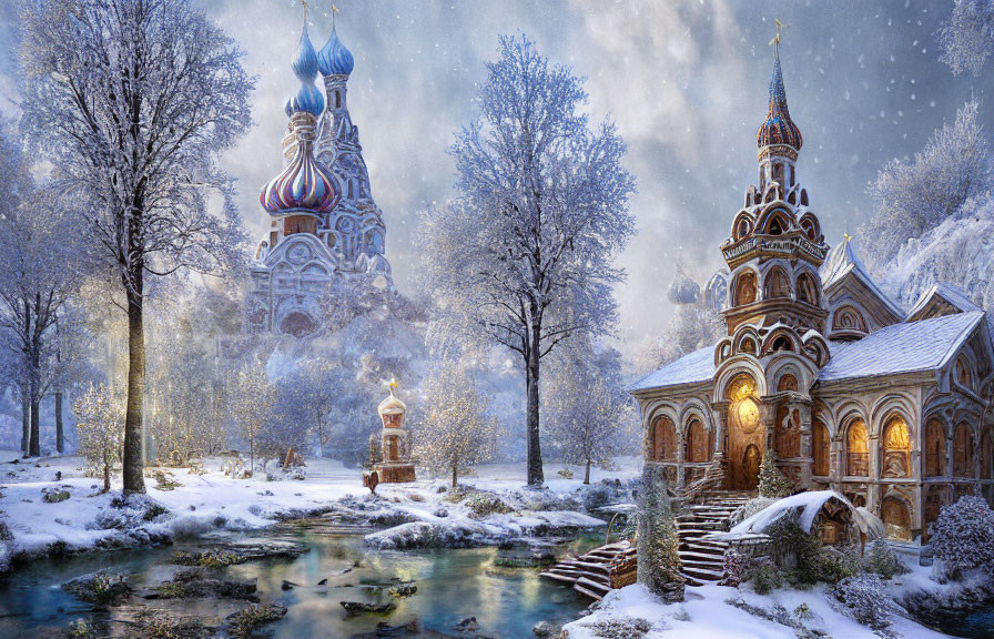 Winter scene: ornate church, chapel, snow-covered trees, gentle snowfall, frozen river