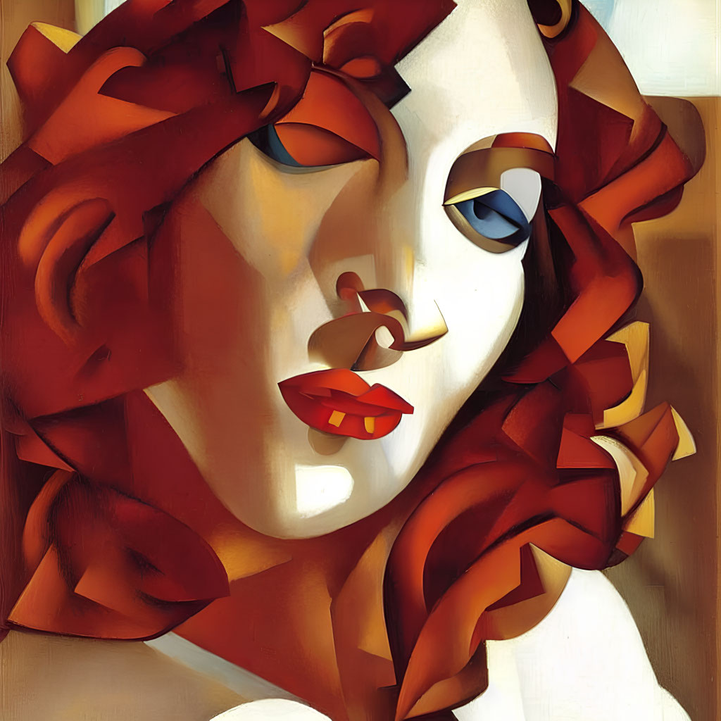 Abstract Cubist-Style Portrait with Geometric Shapes in Warm Tones