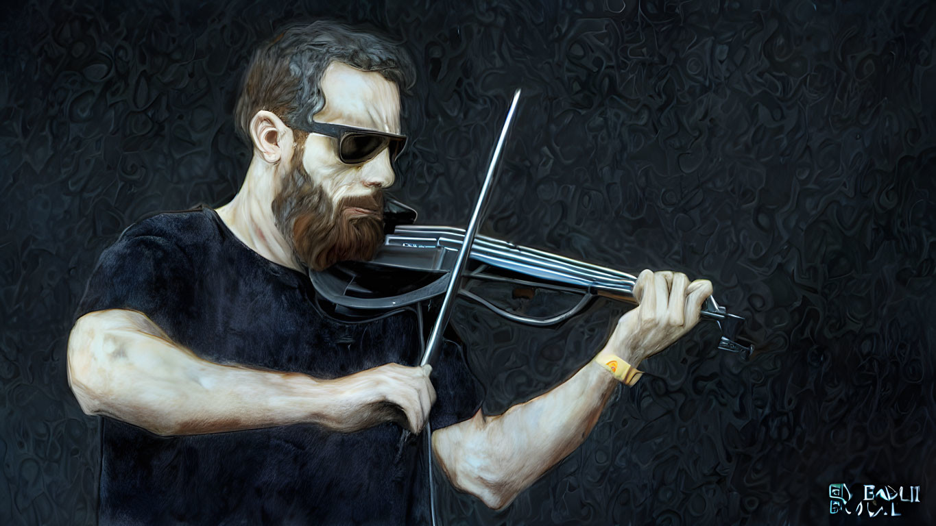 Bearded man playing violin with sunglasses on dark textured background