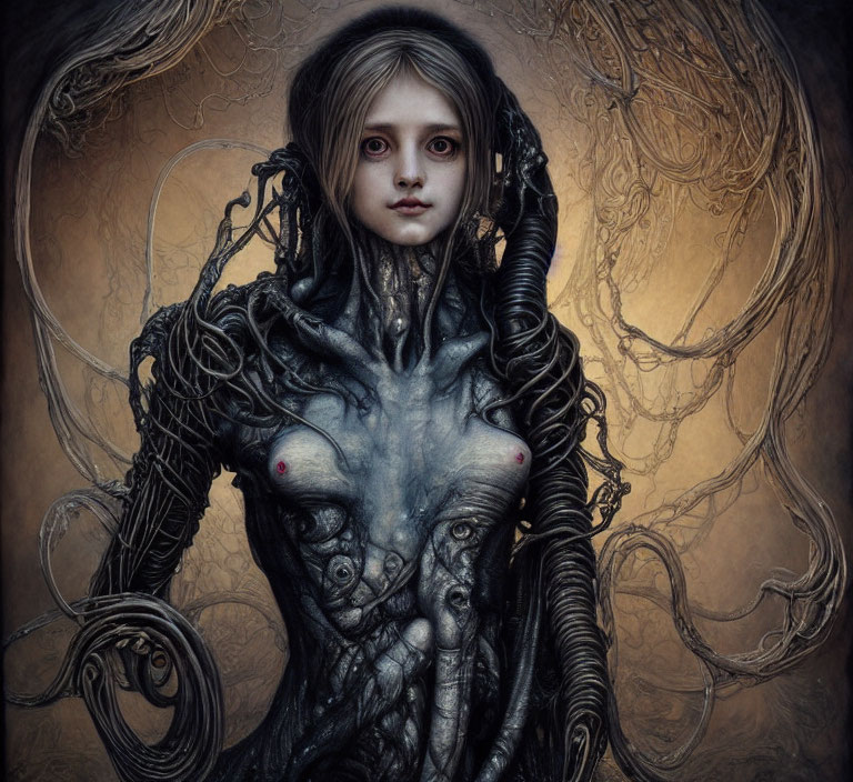 Pale, wide-eyed female figure with intricate biomechanical body structure and golden patterns.