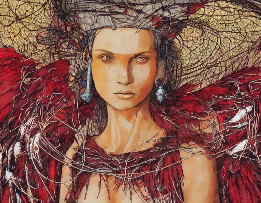 Illustrated woman with red feathered wings and twig crown, featuring intricate designs.