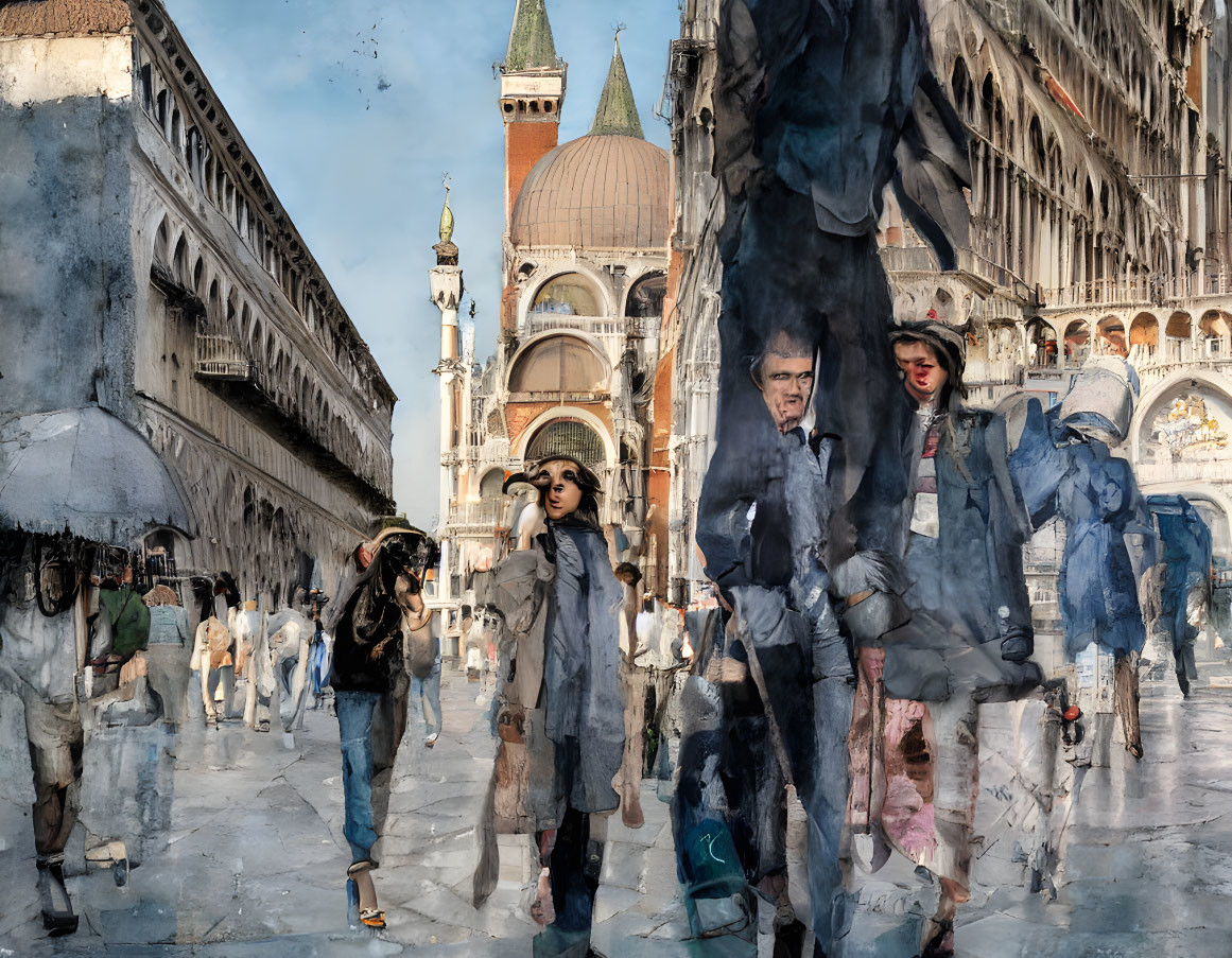 Busy Venetian Square with Translucent Figures and St. Mark's Basilica