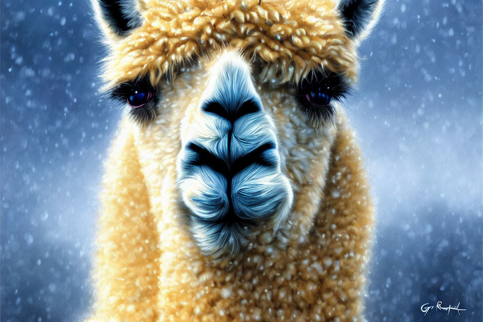 Detailed close-up digital llama painting in snowy backdrop with warm and cool fur tones