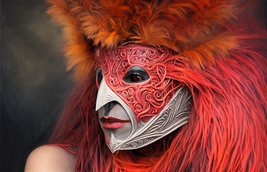 Person in Red and Silver Mask with Feathered Headdress on Dark Background