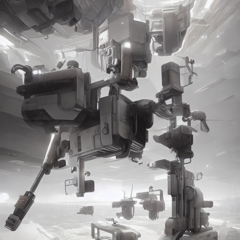 Monochromatic grayscale futuristic factory scene