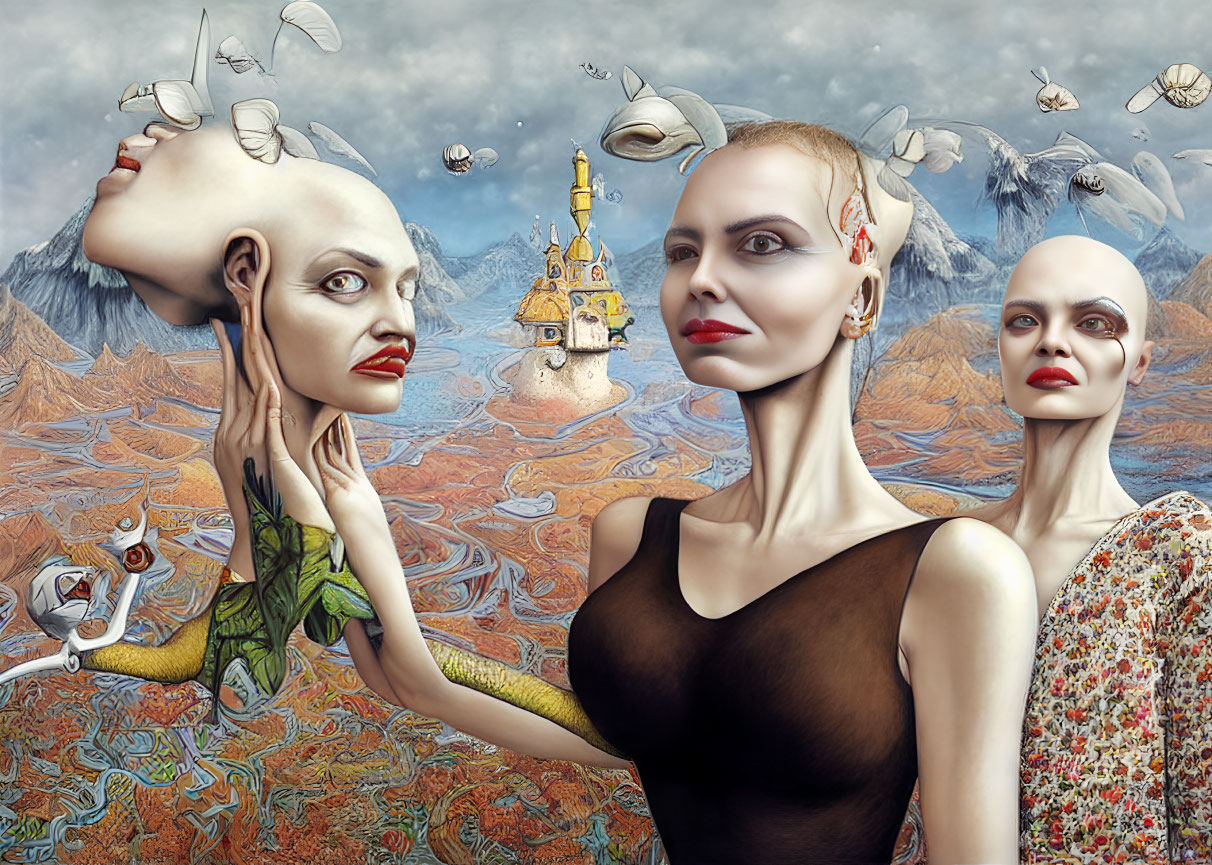 Surreal artwork featuring three female figures with unique heads and a floating castle.