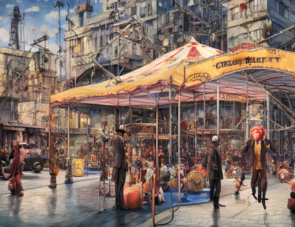 Retro-futuristic city scene with vintage cars and circus tent