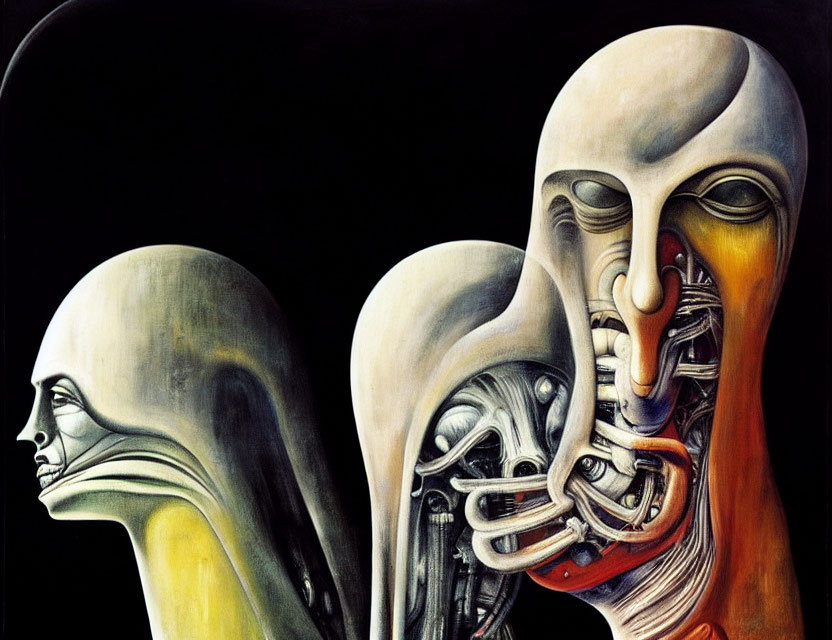 Surreal Artwork with Three Distorted Figures & Biomechanical Structures