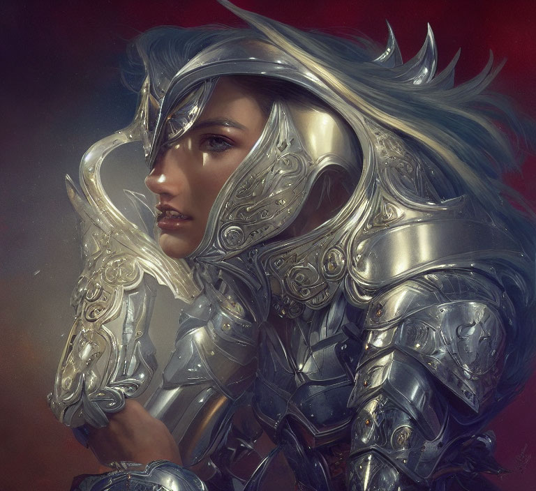 Female warrior in ornate silver armor with wing-like helmet and flowing hair.