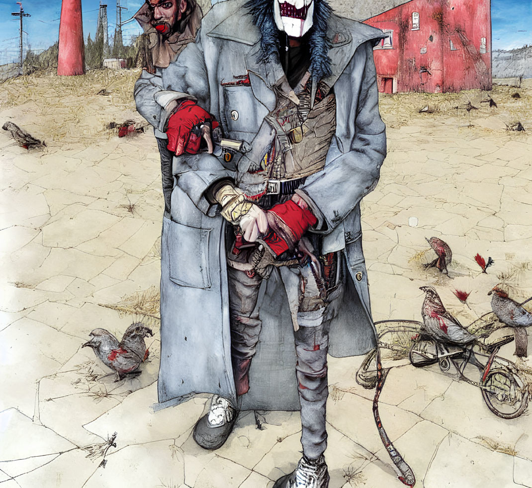 Dystopian scene featuring stylized characters with skull mask in desolate surroundings