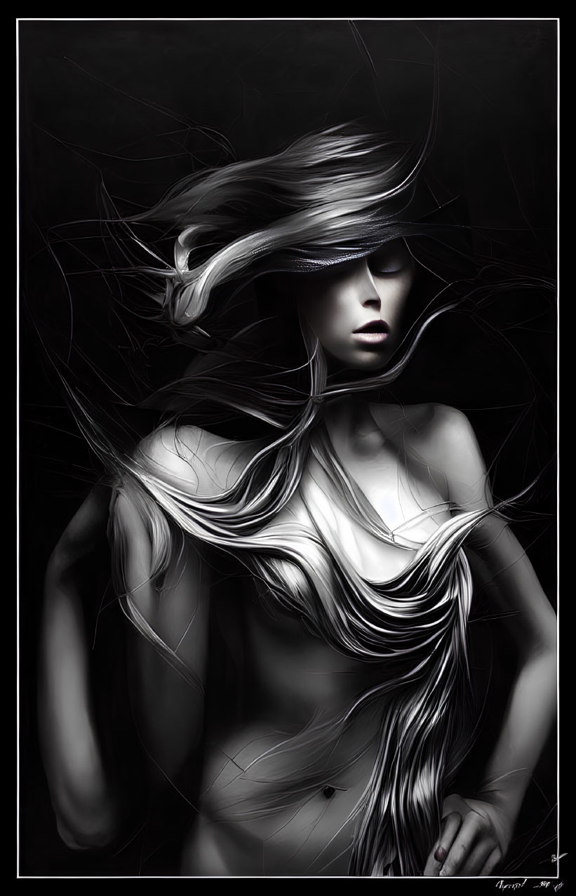 Monochromatic artistic illustration of blindfolded woman with flowing hair