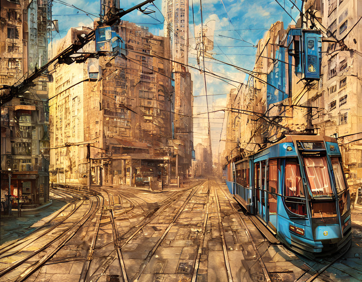 Futuristic tram in sunlit dystopian cityscape