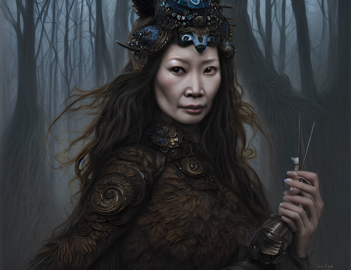 Armored woman with dagger in misty forest portrait