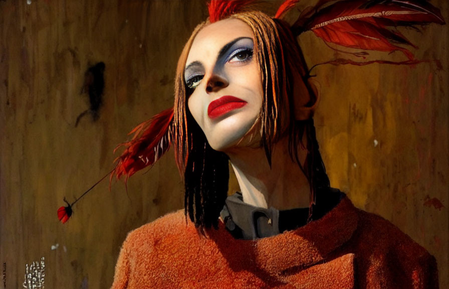 Person with dramatic makeup and red lipstick on stained wooden backdrop